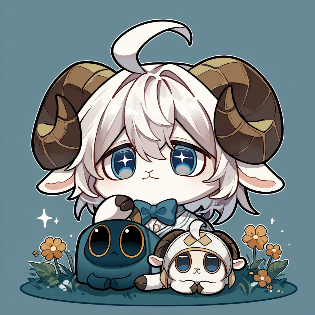 score_9, score_8_up,  <lora:critterPickHonkaiStar_v10:1> hcrpick, animal, no humans, chibi, blue eyes, sheep horns, white fur, bowtie, ahoge