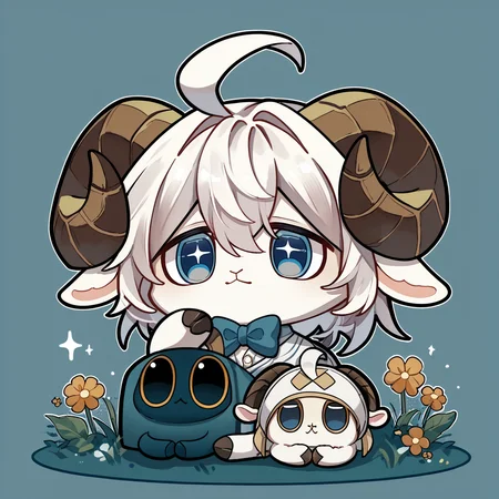 score_9, score_8_up, <lora:critterPickHonkaiStar_v10:1> hcrpick, animal, no humans, chibi, blue eyes, sheep horns, white fur, bowtie, ahoge