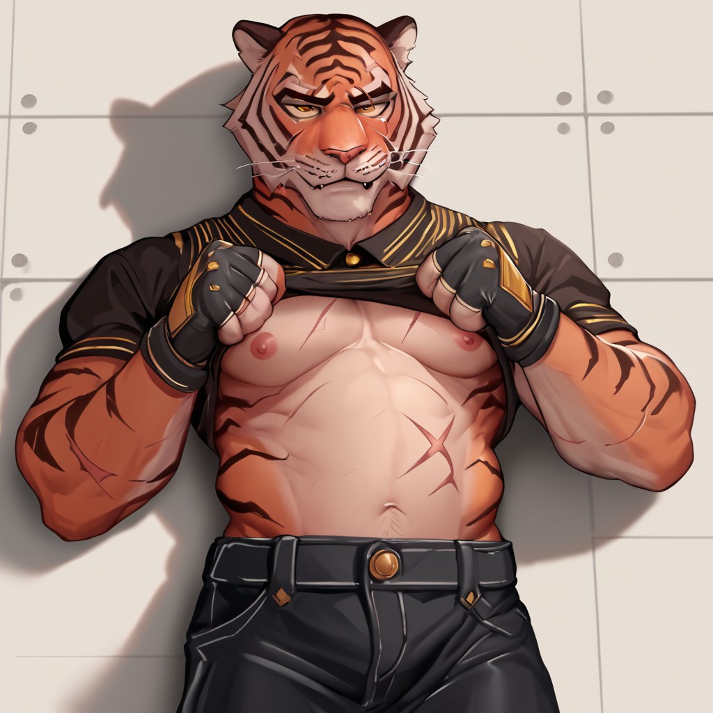 score_9, score_8_up, score_7_up, detailed background, <lora:Oscar:1.0> oscar, tiger boy, standing, fingerless gloves, gloves, collard shirt, bara, scar, solo, 1boy, lying, open pants, lifted shirt, stomach  <lora:Laser_Style_PonyXL:1.0>, by laser_(artist), laser_(artist)