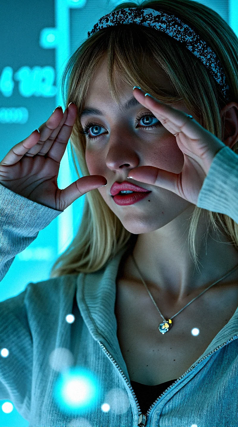Photorealistic of a potrait shot scene where  a young and gorgeous beauty as a Holographic Interface Designer with long platinum-blonde hair in the center of a futuristic, holographic interface. The vibrant cyan data rings and geometric shapes from the background are surrounding her, some even seemingly projected from her hands as if she’s controlling the interface. Her partially unzipped circuit print stylish futuristic engineer uniform and choker contrast with the high-tech environment, creating a visual blend of the modern and the digital. Her eyes are focused on a specific holographic display in front of her, as if she is analyzing data or searching for information.

subtle, dynamic holographic patterns that shift colors along the stripes of her outfit, integrating her more into the digital environment.faintly glowing lines within her outfit’s fabric, creating a futuristic look that suggests advanced material technology. Her heart pendant have a small, glowing core, pulsing with light in sync with the holographic background. Very realistic overall texture composition.

her Hair left loose with a decorative, knotted headband placed at the crown, adding a playful, bohemian touch.


varying levels of transparency to different holographic elements, creating a layered and dynamic interface. a slight reflective glare on her lips to match the ambient light, enhancing their natural appearance.minor, flickering glitches or pixelations on some holographic elements, adding realism and a sense of dynamic interaction.

Both hands forming a triangle shape in front of her eyes, looking through it as if framing a particular part of the interface, lips pursed in concentration.
