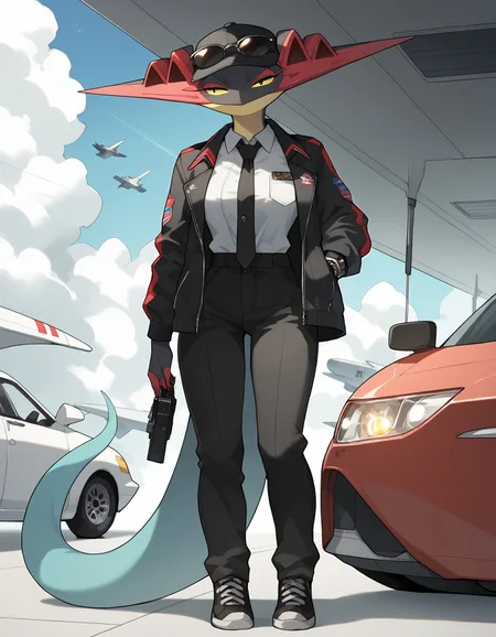 score_9, score_8_up, score_7_up, Dragapult, red wings, red claws, pokemon \(creature\), (solo), 1girl, anthro, pilot, airplane, jacket, hat, sunglasses, long pants, necktie, elegant, black eyes, yellow sclera, <lora:cefaa866-a58e-40ba-a219-79ab392f7d60:1.0>, <lora:4ed15a96-f705-4634-aa42-dc93d4e43363:0.8>
