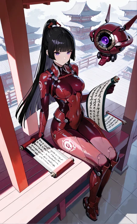 masterpiece, sharp detail, intricate detail, 1girl, purple eyes, black hair, hime cut, high ponytail, miko outfit, medium breasts, dark red bodysuit, full body, east asian architecture, sitting, outside, holding scroll, from above, <lora:Improved Anime Drones:1> non-humanoid robot, science fiction