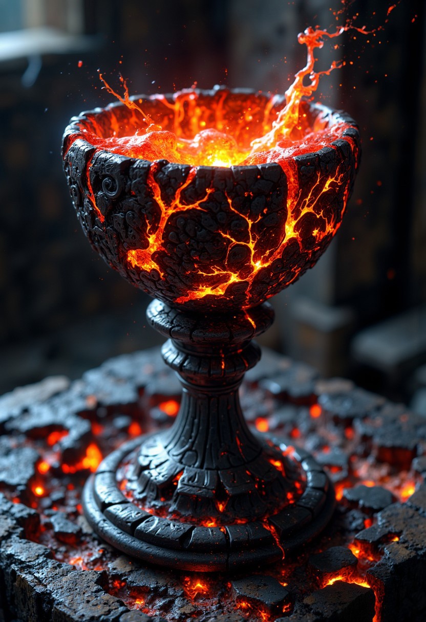 A hyper-realistic portrait, photorealistic photo close-up image of A chalice forged from molten lava, its surface perpetually shifting and flowing like a living, fiery river. The body of the chalice is smooth, with glowing orange and red patterns resembling ancient runes, constantly appearing and disappearing as the lava moves. The rim is edged with a blackened, obsidian-like material that contrasts sharply with the molten liquid within. Inside the chalice, a swirling vortex of liquid fire dances, its heat palpable even from a distance. The base is heavy, with veins of glowing magma coursing through the stone, grounding the otherwise fluid object in the physical world. The chalice stands on a wooden medieval table (photography, high-resolution, dynamic, energetic,hyper-realistic, dramatic lighting, shallow depth of field.)
