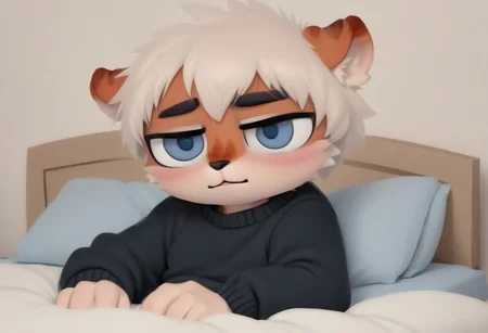 ((milkytiger)), white hair, blue eyes, tiger, furry, black sweater, gray shorts, 1boy, solo, sitting, in bed, shy, blush