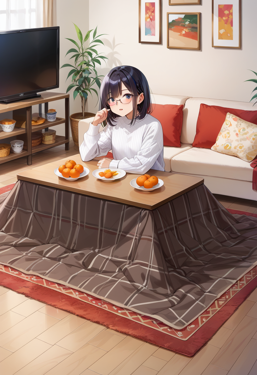 score_9, score_8_up, score_7_up, rating_safe, masterpiece, best quality, absurdres, unity 8k wallpaper, official art, official style, source_anime, uncensored, game cg, megami magazine, ultra delicate hair,
1girl, glasses, black hair, medium hair, sitting, long sleeves, white ribbed sweater, shirt, holding, 
kotatsu, television, indoors, mandarin orange, plate, couch, food, rug, wooden floor,
<lora:kotatsu_pony_V1:1>