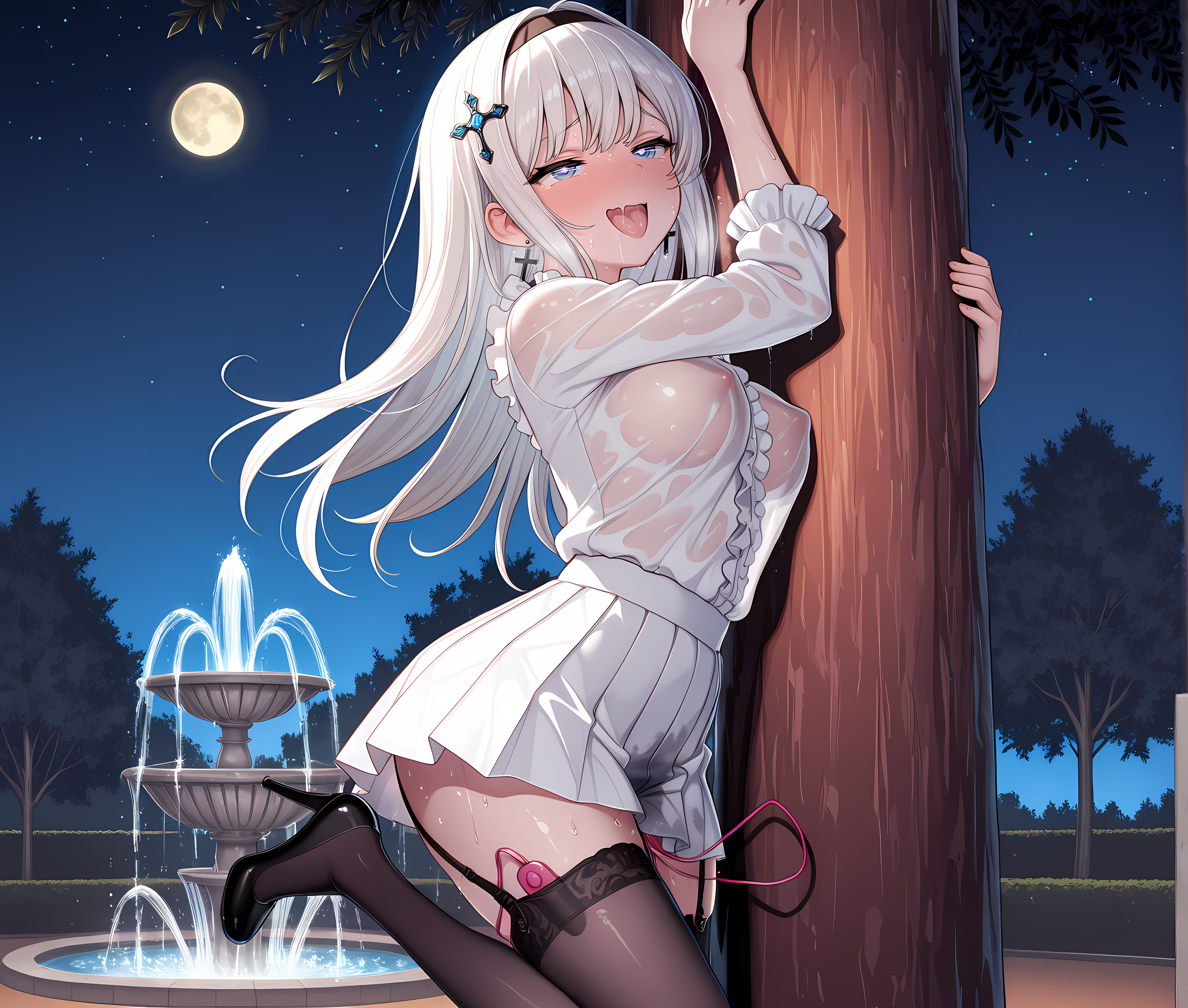 <lora:torogao:1.3>,torogao,1girl,blue eyes,solo,long hair,skirt,white hair,black thighhighs,hair ornament,garter straps,frills,white skirt,hairband,cross earrings,pleated skirt,white shirt,jewelry,medium breasts,outdoors,on one leg,standing,arm up,heart-shaped pupils,seductive smile,sunset,garden,park,tree,fountain,portrait,vibrator under clothes,covered nipples,see-through shirt,wet clothes,sweat,heavy breathing,moon,back against tree,night,starry sky,hiding,nervous sweating,high heels,, masterpiece,best quality,amazing quality, very aesthetic, absurdres,detailed eyes,ultra-detailed,