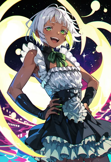 score_9,score_8_up,score_7_up,score_6_up,source_anime,<lora:Sakatsuki_Yakumo_XL:1>,solo,1girl,front view,close-up,from below,looking at viewer,laughing,dark-skinned female,white hair,multicolored hair,colored eyelashes,colored inner hair,green eyes,short hair,flat chest,standing,hands on hip,arched back,multicolored clothes,frills dress,night,multicolored lights,