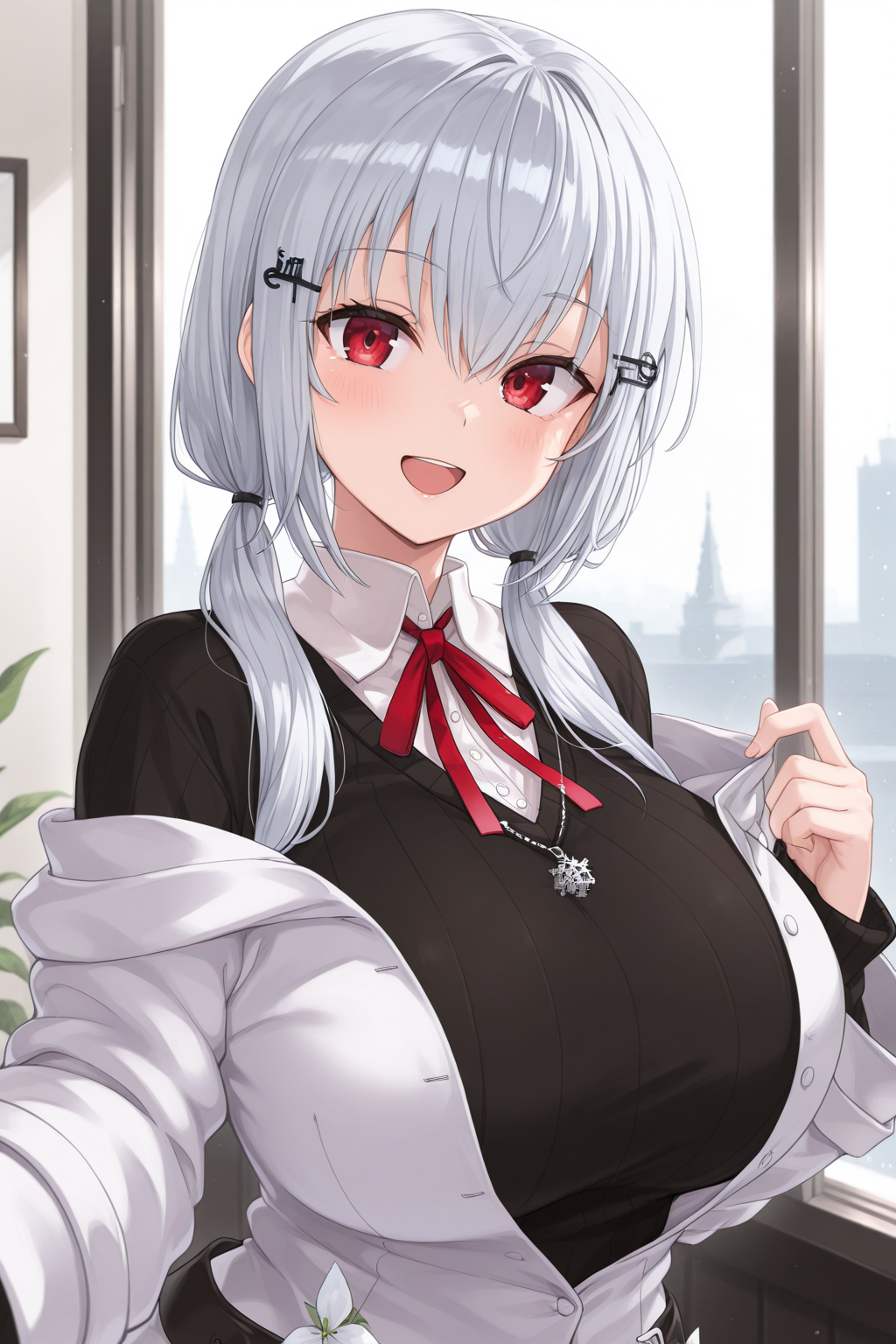 1girl, HakaseFuyukiNijisanji, 
general, solo, upper body,
low twintails, hair ornament, hairclip,
red eyes, looking at viewer, \:D
white jacket, open jacket, off shoulder, long sleeves,
black sweater, neck ribbon, snowflake necklace, huge breasts,
collared shirt, white shirt,
<lora:kp_HakaseFuyukiNijisanji1stCostumeIllustrious_v1_0:1.0>,
masterpiece, best quality, amazing quality