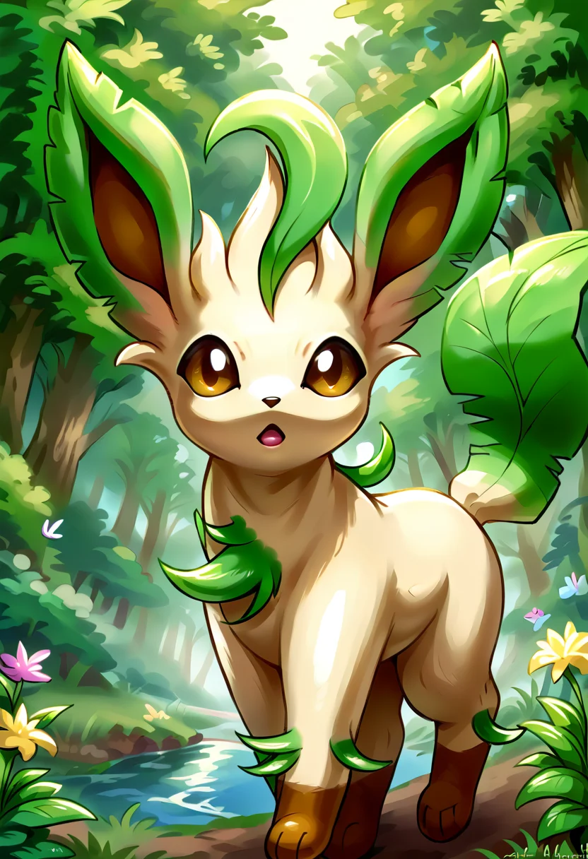 score_9, score_8_up, score_7_up, source_anime BREAK
L34F30N, long ears, brown eyes, tan body, dark brown paws, green body sprouts, green leafy ears, green leafy tail, brown nose, quadraped, brown inner ears, solo
looking at viewer, head tilt, mouth open, walking towards viewer
background: forest, sunbeam, river, butterflies, grass, wildflowers
<lora:Leafeon:1>
<lora:SDXLFaeTastic2400:1>