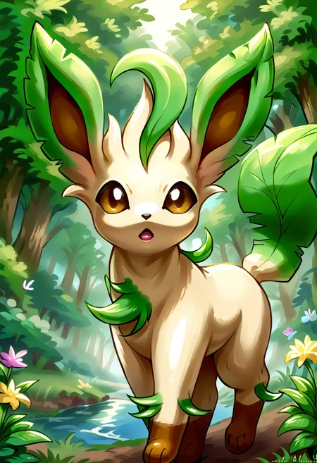 score_9, score_8_up, score_7_up, source_anime BREAK
L34F30N, long ears, brown eyes, tan body, dark brown paws, green body sprouts, green leafy ears, green leafy tail, brown nose, quadraped, brown inner ears, solo
looking at viewer, head tilt, mouth open, walking towards viewer
background: forest, sunbeam, river, butterflies, grass, wildflowers
<lora:Leafeon:1>
<lora:SDXLFaeTastic2400:1>