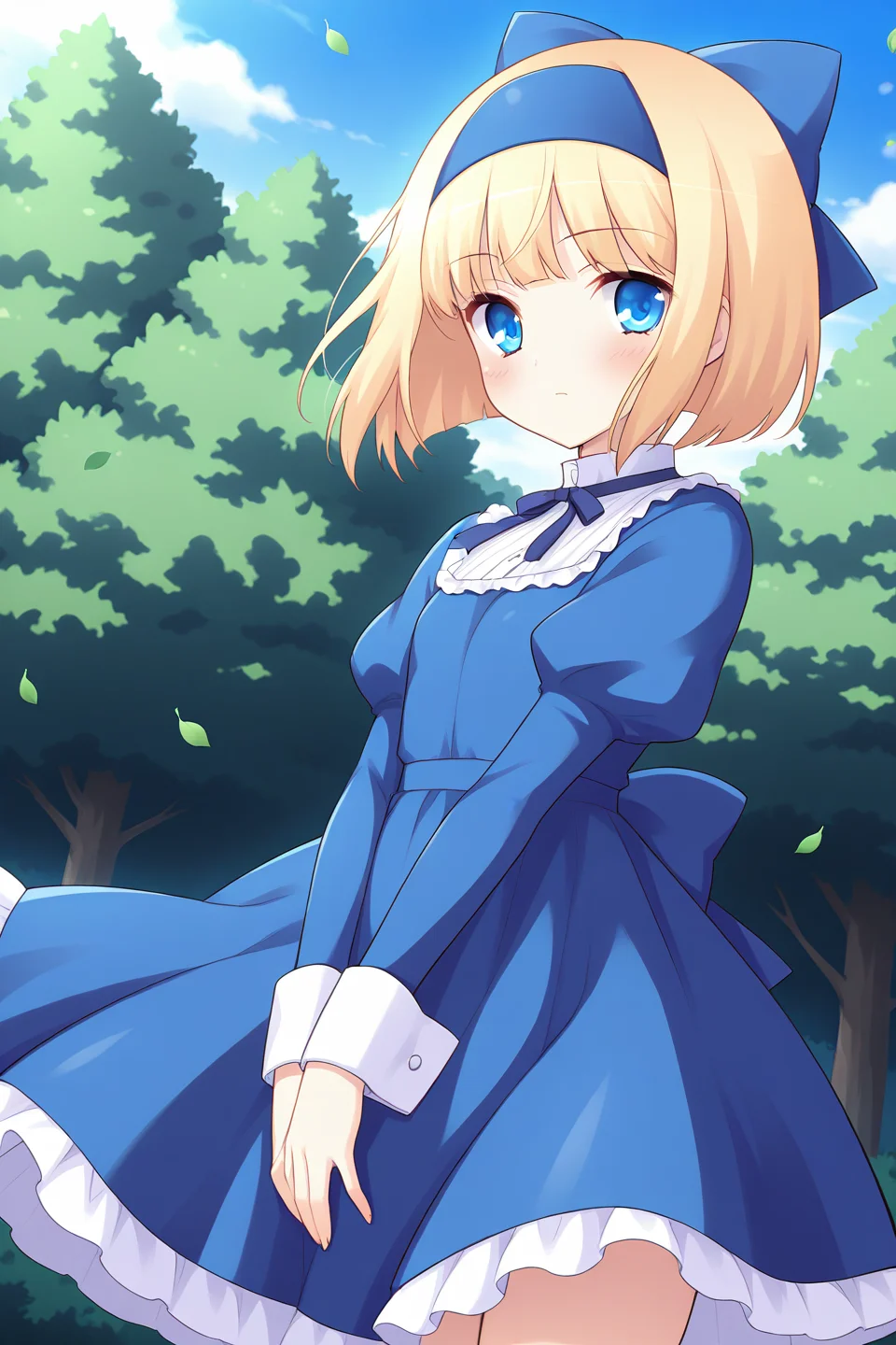 masterpiece, best quality, absurdres, official art, official style, rating general BREAK,
<lora:iriswindsor_IL_v1-2:0.7>, iris windsor, 1girl, solo, blue eyes, blonde hair, short hair, blunt bangs, bob cut, small breasts,
blue hairband, hair bow, blue bow, school uniform, white collar, square collar, frilled collar, turtleneck, neck ribbon, blue ribbon, blue dress, juliet sleeves, wrist cuffs, skirt set, buttons, blue skirt, frilled skirt, serious, stern, closed mouth, blush, looking at viewer, standing, aged down, cowboy shot, (from below:1.2), dutch angle, (upskirt:1.2), outdoors, nature, forest, tree, blue sky, day, leaf, (falling leaves:1.4), (wind lift:1.2), (floating hair:1.2)