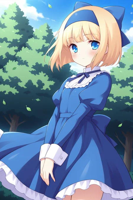 masterpiece, best quality, absurdres, official art, official style, rating general BREAK,
<lora:iriswindsor_IL_v1-2:0.7>, iris windsor, 1girl, solo, blue eyes, blonde hair, short hair, blunt bangs, bob cut, small breasts,
blue hairband, hair bow, blue bow, school uniform, white collar, square collar, frilled collar, turtleneck, neck ribbon, blue ribbon, blue dress, juliet sleeves, wrist cuffs, skirt set, buttons, blue skirt, frilled skirt, serious, stern, closed mouth, blush, looking at viewer, standing, aged down, cowboy shot, (from below:1.2), dutch angle, (upskirt:1.2), outdoors, nature, forest, tree, blue sky, day, leaf, (falling leaves:1.4), (wind lift:1.2), (floating hair:1.2)