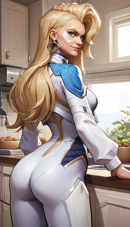 zPDXL3, <lora:OtherStyle_08:.8>, <lora:DaggerMR:.8>,
dggrmr, woman, blue eyes,facial mark,single earring,long blonde hair, medium breasts, white bodysuit,cropped jacket,long sleeves, looking back at viewer, serious, smirk, standing, counter, inside kitchen, from behind,