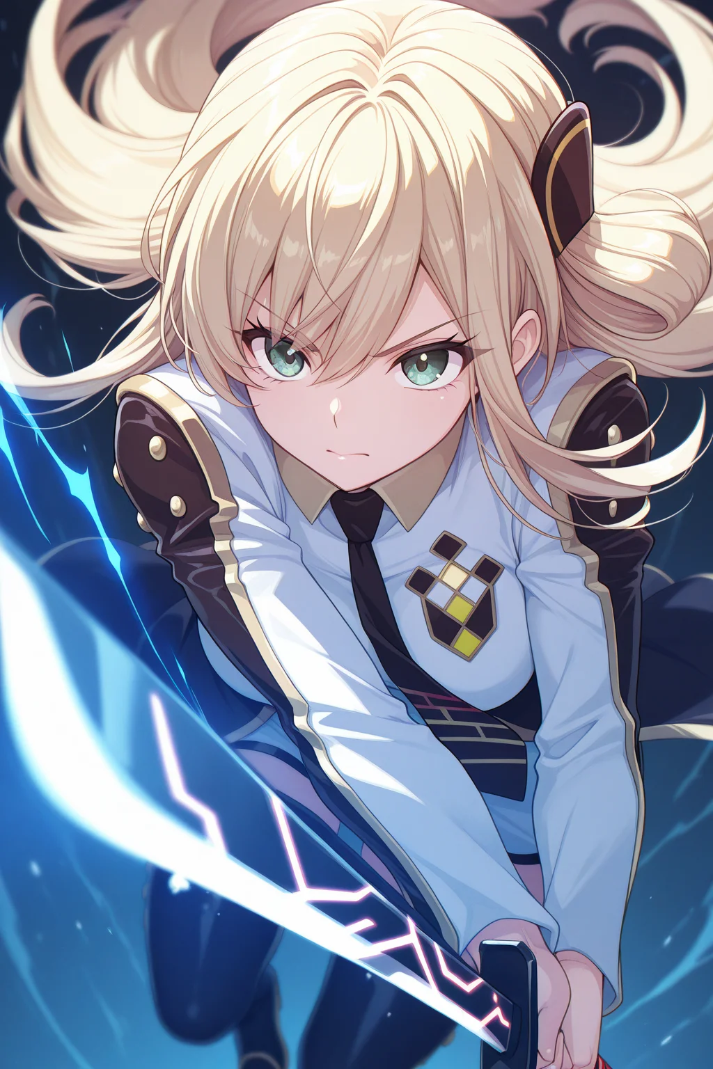 1girl, SkyStrikerAce-RayeYu-Gi-Oh,
general, solo, perspective, upper body,
long hair, blonde hair, green eyes, eyelashes,
breasts,
hair ornament, black necktie,
collared dress, two-tone dress, short dress,
long sleeves,
black thighhighs, thigh boots,
serious, flying, two-handed, holding sword,
blue theme, depth of field,
<lora:kp_SkyStrikerAce-RayeYu-Gi-OhIllustrious_v1_0:1.0>,
masterpiece, best quality, amazing quality
