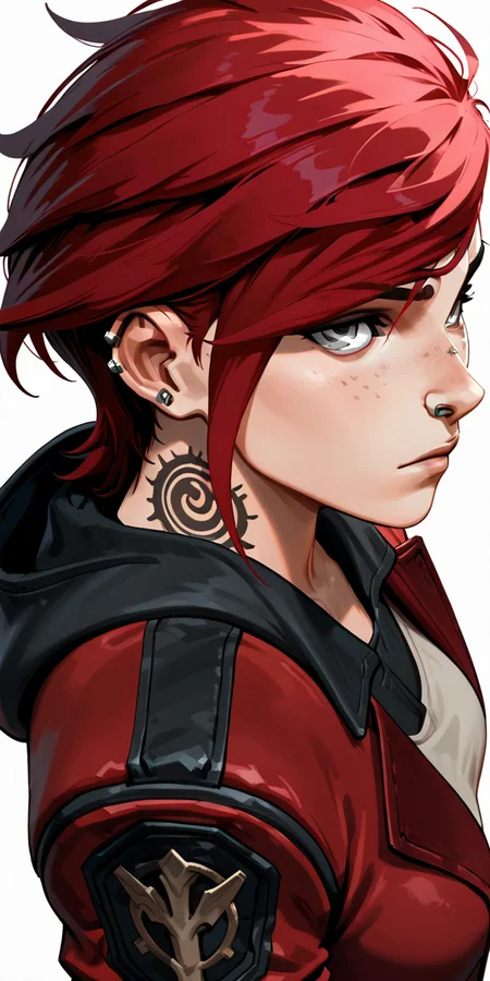 ydstlvi, 1girl, solo, breasts, short hair, bangs, simple background, shirt, white background, jewelry, grey eyes, closed mouth, jacket, upper body, red hair, open clothes, classicviolet, hood, from above, looking at viewer, open jacket, tattoo, profile, piercing, ear piercing, red jacket, freckles, neck tattoo, nose piercing, vi \(league of legends\) <lora:ydstlvi:1>