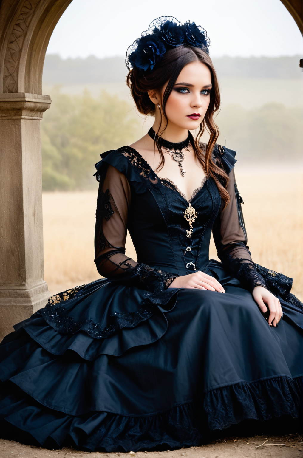 breathtaking an individual seated in a natural, open setting, with mist or fog adding a mysterious ambiance. The person is dressed in an elaborate gothic style gown with multiple layers of lace and ruffles, which suggests a Victorian influence. The dark color palette of the attire is consistent with gothic fashion, emphasizing the somber and romantic themes often associated with the subculture. The individual's hair is styled in a tousled manner, with hints of color that may indicate a rebellious or personal twist to the traditional gothic look. They are adorned with ornate jewelry, including a necklace with a prominent pendant that serves as a focal point against the dark fabric of the dress. The person's pose and distant gaze evoke a contemplative or melancholic mood, which is complemented by the bleak and desolate landscape. The stark contrast between the intricate details of the clothing and the simplicity of the natural surroundings emphasizes the solitude and introspective state of the individual. The overall composition of the image, from the fashion to the setting, creates a narrative that invites the viewer to ponder the story behind the subject's presence in this eerie environment.  <lora:S4ndr4_mm4:0.8> S4ndr4 . award-winning, professional, highly detailed