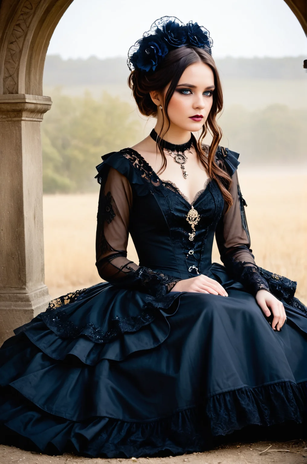 breathtaking an individual seated in a natural, open setting, with mist or fog adding a mysterious ambiance. The person is dressed in an elaborate gothic style gown with multiple layers of lace and ruffles, which suggests a Victorian influence. The dark color palette of the attire is consistent with gothic fashion, emphasizing the somber and romantic themes often associated with the subculture. The individual's hair is styled in a tousled manner, with hints of color that may indicate a rebellious or personal twist to the traditional gothic look. They are adorned with ornate jewelry, including a necklace with a prominent pendant that serves as a focal point against the dark fabric of the dress. The person's pose and distant gaze evoke a contemplative or melancholic mood, which is complemented by the bleak and desolate landscape. The stark contrast between the intricate details of the clothing and the simplicity of the natural surroundings emphasizes the solitude and introspective state of the individual. The overall composition of the image, from the fashion to the setting, creates a narrative that invites the viewer to ponder the story behind the subject's presence in this eerie environment. <lora:S4ndr4_mm4:0.8> S4ndr4 . award-winning, professional, highly detailed