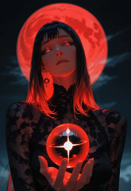 dutch angle, N3onSp3ctra, realism a dark, shadowy figure against a deep, almost black background. The figure, likely a woman, (head tilt), (orgasm face:1.5) face is hidden in the darkness, making her features hard to distinguish, but glowing red eyes stand out, giving her an eerie vibe. Her hair is long and wild, flying around like she's caught in a gust of wind. She's reaching up with her right hand, fingers slightly spread, and holding a glowing red orb that looks like a small, full moon. The orb casts a faint red light, adding to the creepy atmosphere. Her left arm is bent, with the hand hanging loosely by her side. She's wearing a flowing, see-through black garment with intricate, almost glitch patterns that add to the mysterious feel. dark and moody color scheme, sport color red glow of her eyes and the glass orb providing the only bright spots.
intricate details, detailed face, blurry background,
monochrome palette, dark, fantasy darkness,
detailed background, soft light, underlighting, (shiny skin:0.4),
night theme, dark theme,
night, nighttime, dark theme, low-key, low-light dimly lit, fog haze, (shiny:0.4),
