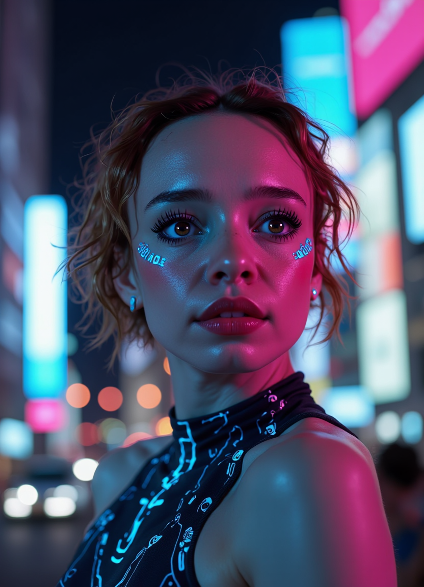 SFW, brightly lit, aidmaimageupgrader, A hyperrealistic, close-up portrait of a woman with sleek cybernetic implants integrated into her temples, glowing faintly with neon blue circuitry. Her eyes are a striking blend of human and synthetic, scanning data streams visible in her vision. She wears a high-tech bodysuit with luminescent circuit patterns tracing her collarbones and shoulders. The city skyline behind her is a neon-lit cyberpunk dreamscape, towering skyscrapers glowing with electric advertisements. Extreme facial realism, hyper-detailed synthetic textures, deep cyberpunk neon lighting creating a futuristic glow.<lora:pony\Letha_Weapons_Pony_-_Adult_Actress_and_Model.safetensors:1.0:1.0> <lora:flux\custom\personal\emmy-speens.safetensors:1.0:1.0> <lora:turbo-8-step-flux.safetensors:0.5:0.5> <lora:flux\style\Common\aidmaImageUprader-FLUX-v0.3.safetensors:0.25:0.25>