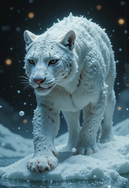 beautiful aesthetic, intricate, a snow leopard made of ice, glass and snow, covered in icicles, walking on water, its steps freezes the water, magical aura, fantasy art, peaceful, high fantasy style, mysterious, celestial light, ethereal, painterly, epic, majestic, magical, fantasy art, cover art, sparkling ice, dramatic lighting