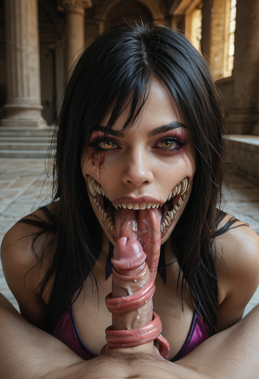 score_9, score_8_up, score_7_up, score_6_up, score_5_up, score_4_up, photorealistic, Mileena, (long tongue, very long tongue:1.5), wide mouth, pov, pov crotch, (penis:1.25), saliva, (tonguejob:1.25), fellatio, looking at viewer, bloody mouth, upper body, roman coliseum