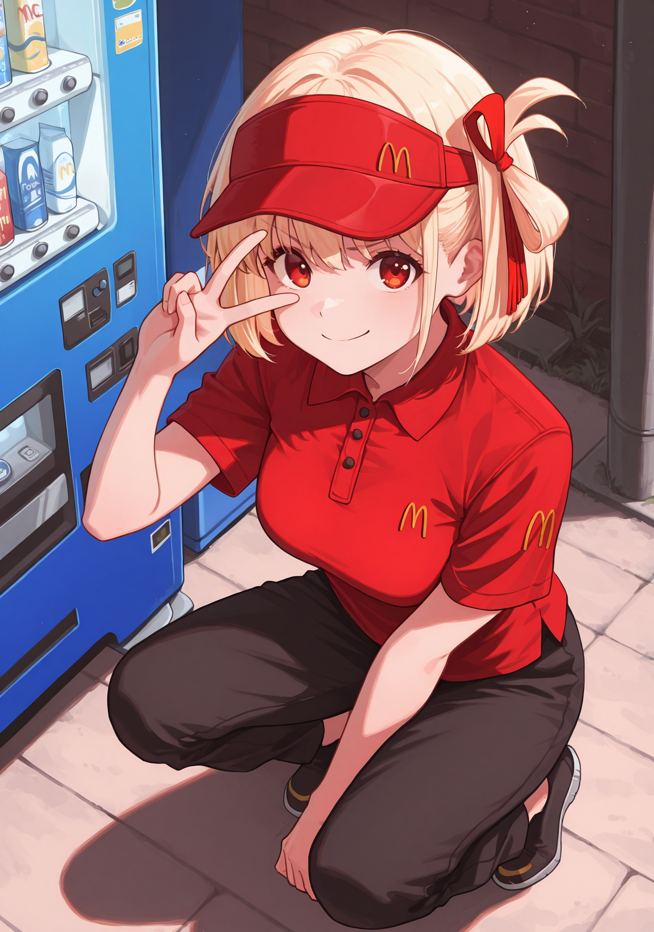 masterpiece, best quality, 1girl, solo, chnsh, medium breasts, blonde hair, short hair, McUniform, red shirt, employee uniform, polo shirt, visor cap, outdoors, (vending machine), squatting, from above, red eyes, one side up, hair ribbon, red ribbon, black pants, looking at viewer, peace sign, hand up, v over eye, v-shaped eyebrows, smile, closed mouth