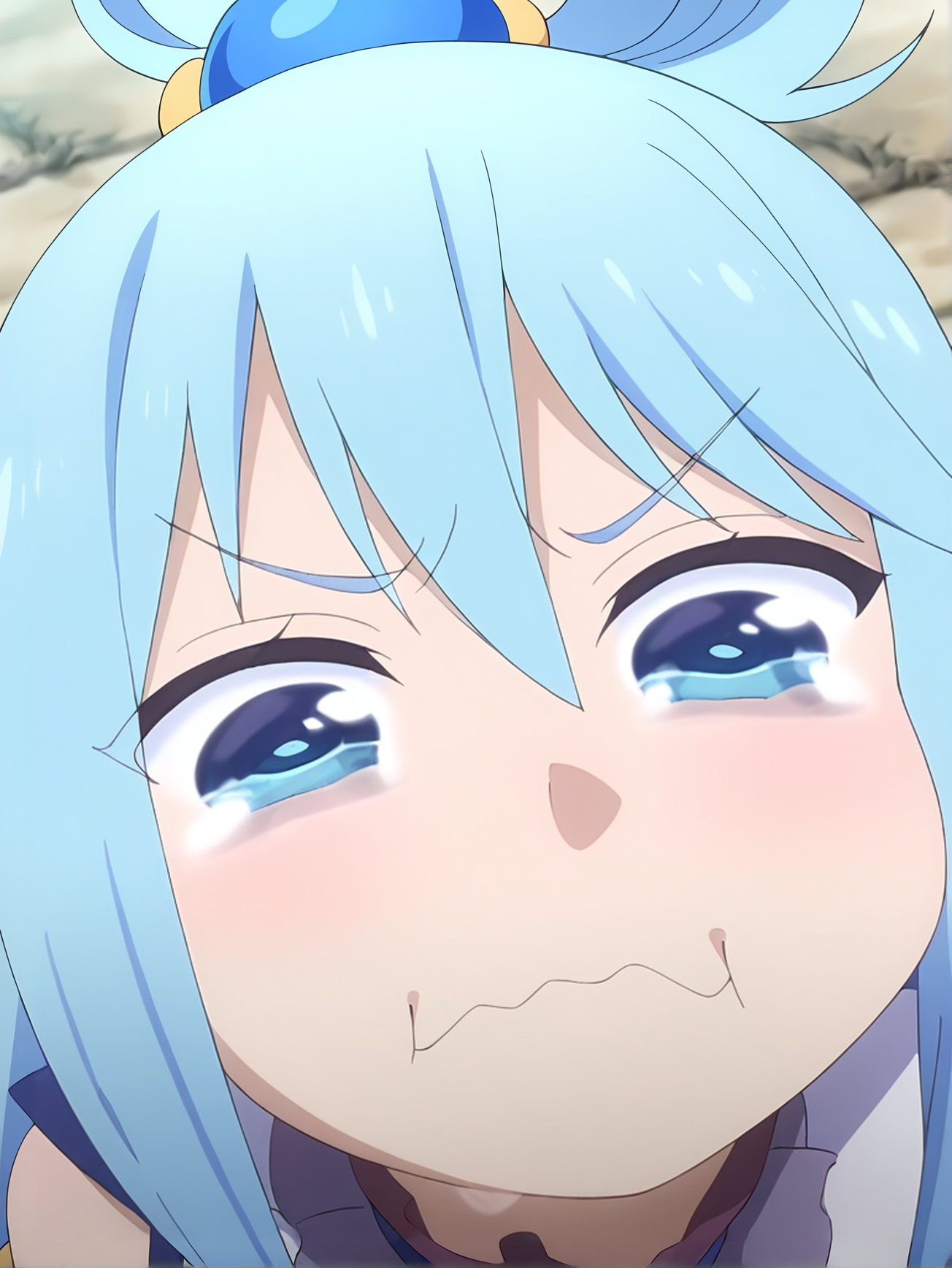 <lora:Aqua:0.8>, aqua, 1girl, solo, blue eyes, long blue hair, ahoge, looped side ponytail, hair ring, frilled high collar, bare shoulders, detached white sleeves, crying, trembling mouth, frowning, closed mouth, meme face, looking at viewer, close-up, high angle, outdoors, street background