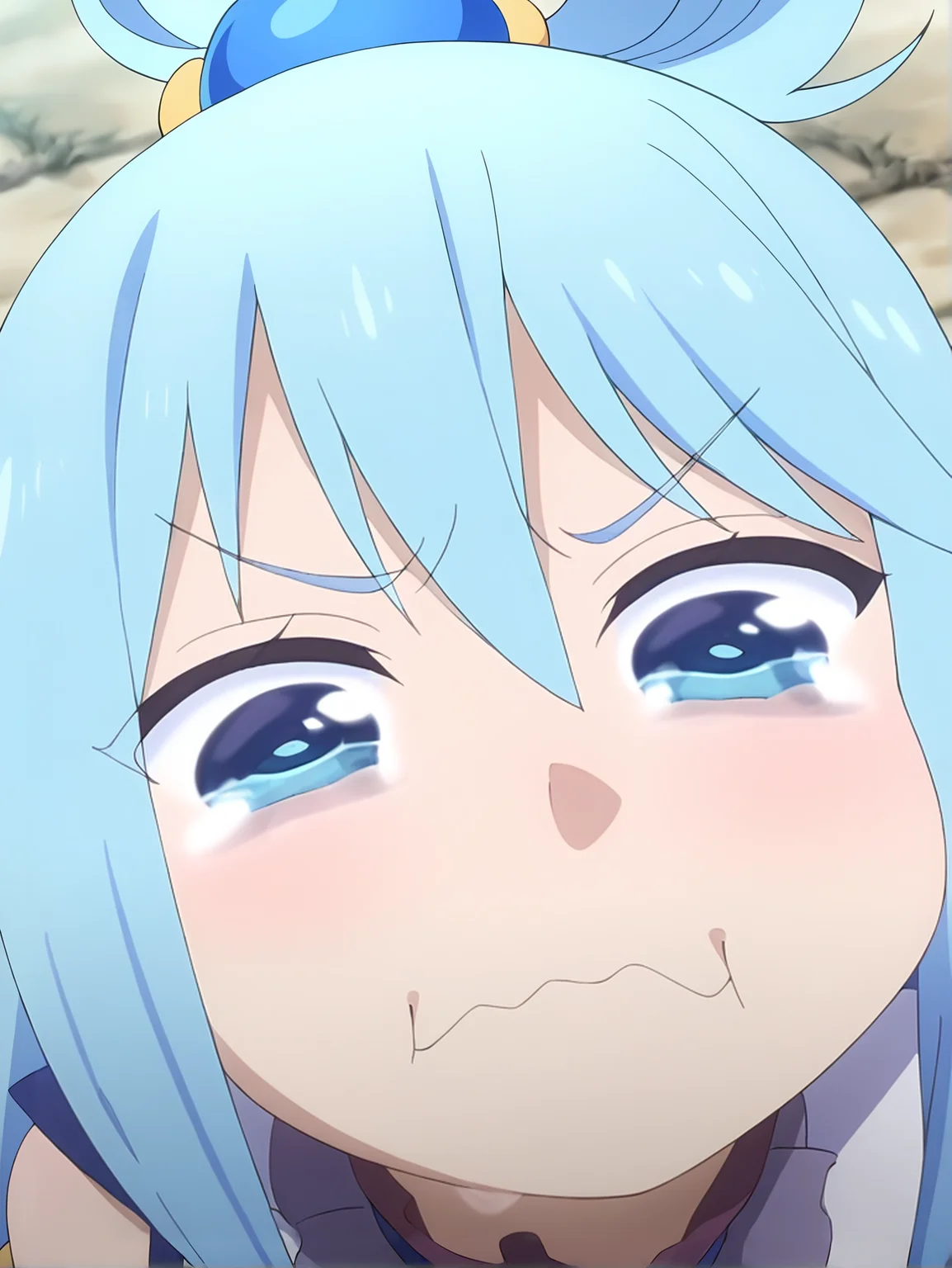 <lora:Aqua:0.8>, aqua, 1girl, solo, blue eyes, long blue hair, ahoge, looped side ponytail, hair ring, frilled high collar, bare shoulders, detached white sleeves, crying, trembling mouth, frowning, closed mouth, meme face, looking at viewer, close-up, high angle, outdoors, street background