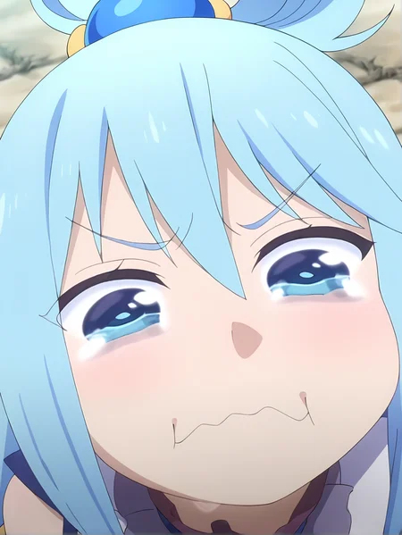 <lora:Aqua:0.8>, aqua, 1girl, solo, blue eyes, long blue hair, ahoge, looped side ponytail, hair ring, frilled high collar, bare shoulders, detached white sleeves, crying, trembling mouth, frowning, closed mouth, meme face, looking at viewer, close-up, high angle, outdoors, street background