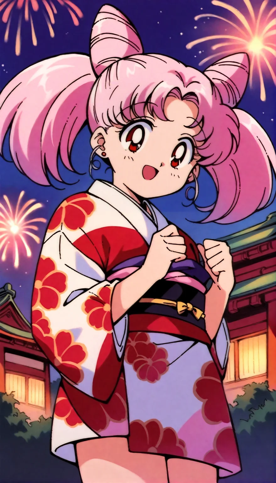 masterpiece,best quality,very aesthetic,absurdres,1girl,solo,hair bun,twintails,pink hair,red eyes,1990s \(style\),cone hair bun,double bun,earrings,bangs,kimono,<lora:Sailor Chibimoon XL:0.8>,cowboy shot,firework background,temple,happy,