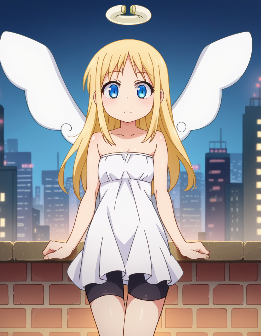 score_9, score_8_up, score_7_up, source_anime,
crimvael, <lora:crimvael-ponyxl-lora-nochekaiser:1>
crimvael, long hair, blue eyes, blonde hair,
dress, bare shoulders, collarbone, wings, white dress, strapless, halo, strapless dress, angel wings, white wings, angel,
outdoors, cityscape,
looking at viewer, dutch angle, cowboy shot,