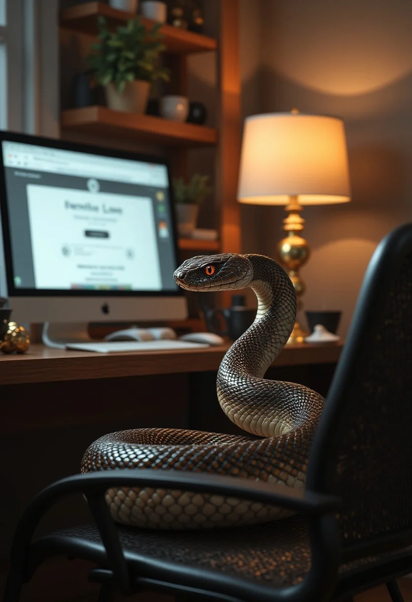 aidmayearofthesnake, a snake sitting on a chair in front of a laptop, looking into the monitor, in an office