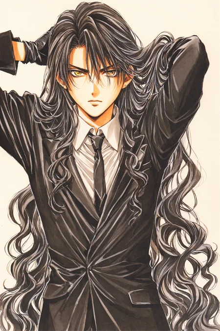 solo,long hair,gloves,1boy,male focus,white background,wavy hair,looking at viewer,formal,simple background,black gloves,coat,yellow eyes,long sleeves,black coat,very long hair,shirt,suit,traditional media,<lora:Yuki Kaori_XL:0.8>,