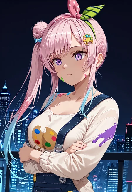 safe_pos, 1girl, solo, solo focus, highres, absurdres,  Iofi1st, long hair, pink hair, side ponytail, purple eyes, hair bun, multicolored hair, hairband, bangs, paint splatter on face, gradient hair, blue hair, single side bun, hair ornament,

white shirt, collarbone, long sleeves, blue overalls, badge,

looking to the side, from side, arm under breasts,
 
cityscape, neon lights, night, night sky, backlighting, silhouette,