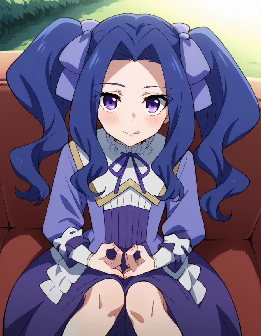 score_9, score_8_up, score_7_up, source_anime, <lora:melty-q-melromarc-s1-ponyxl-lora-nochekaiser:1>, melty q melromarc, long hair, ribbon, twintails, blue hair, purple eyes, hair ribbon, purple ribbon, parted bangs,, long sleeves, dress, frills, ribbon trim, purple dress,, Natural settings, trees, rivers, sunlight, wildlife, , <lora:money-gesture-ponyxl-lora-nochekaiser:1>, money gesture, blush, sitting, couch, arm support, smile, tongue out, knee up, from above, looking at viewer, solo,, dutch angle, cowboy shot