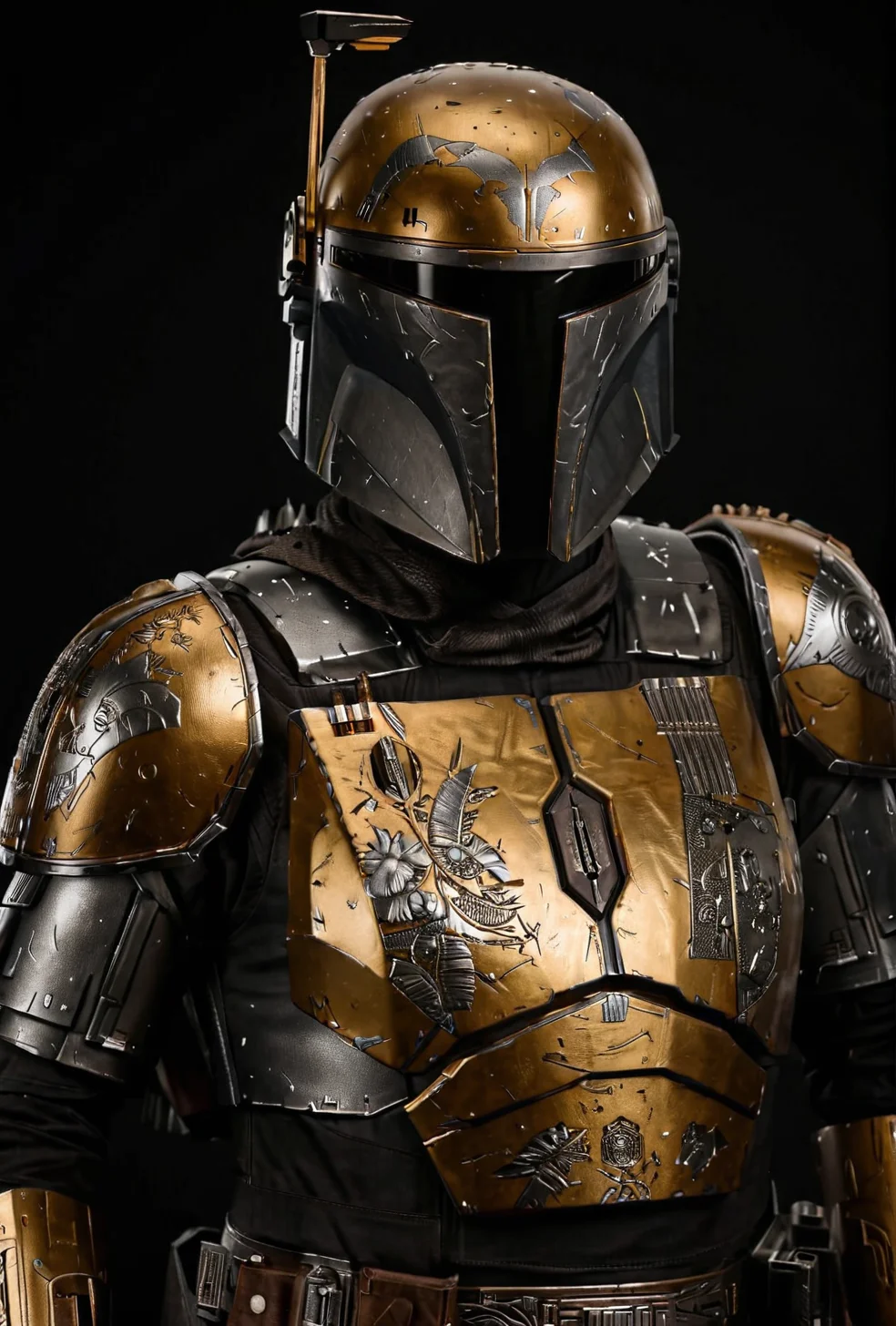 7-MandalorianArmour , detailed helmet, full body, standing on black sand
realistic armour, gold intricate patterns
black lighting, dark reflections, gunmetal armour trim
[cinematic masterpiece, slow motion, highly detailed armour, smooth reflective surface]
  <lora:add-detail-xl:0.5> <lora:Mandalorian Armour SDXL:0.8>