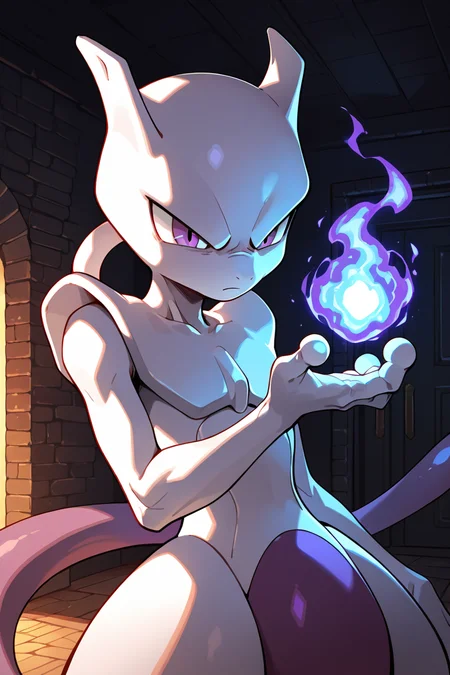 masterpiece, best quality, <lora:MewtwoPokedexIXL:1.0>, zzMewtwo, solo, no humans, playing with a cat, psychic powers gently petting the cat, the cat oblivious, annoyed expression on mewtwoâs face, cozy room setting, cute and funny, humorous interaction, psychic powers, calm but exasperated