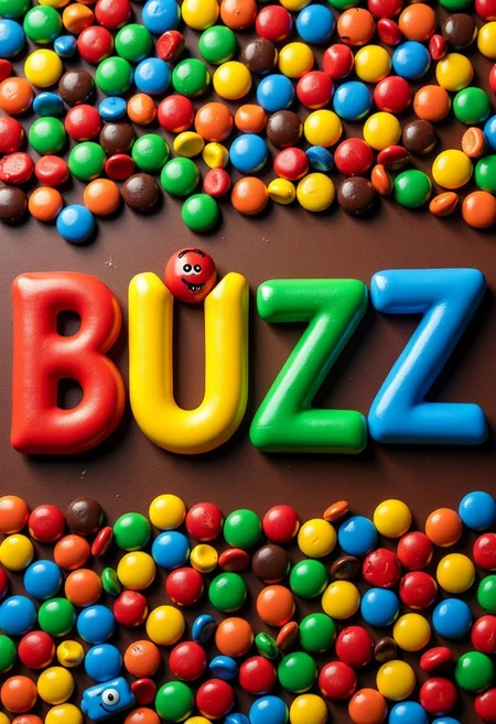 Create a visually striking image entirely composed of M&M candies.
The word "BUZZ" is boldly displayed in the center, crafted from a dynamic array of brightly colored M&Ms. The background should also be made of M&Ms, blending seamlessly with the text but using slightly muted tones to ensure the word stands out.
To add a playful and humorous twist, include a tiny, mischievous M&M character peeking out from behind the letters, as if trying to rearrange them into a humorous new word.