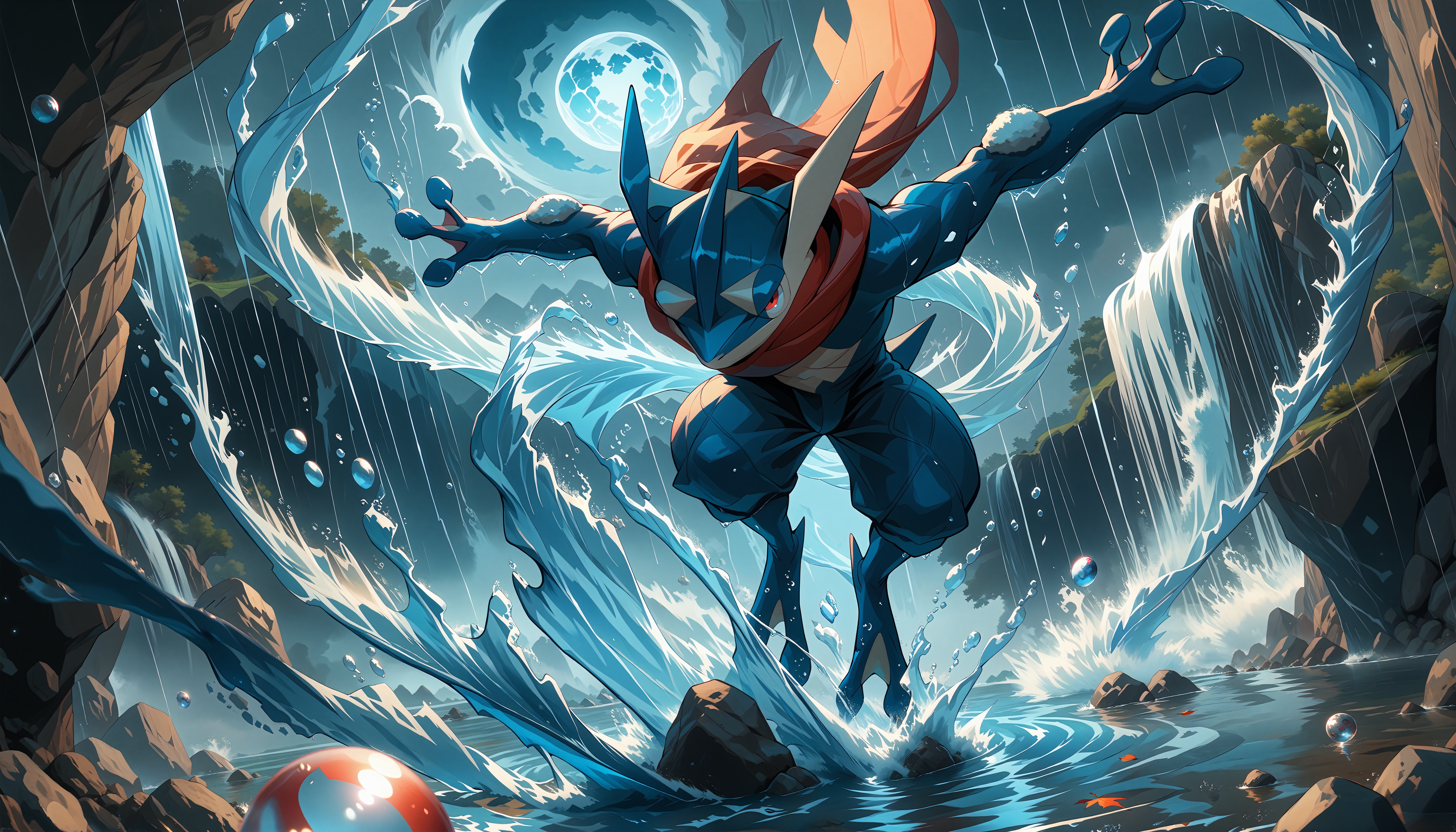 score_9,score_8_up,score_7_up,score_6_up,<lora:StS_PonyXL_Detail_Slider_v1.4_iteration_3:4>,<lora:POKEMON_GRENINJA:1>,Greninja,pokemon (creature),red eyes,<lora:Superspeed:0.7>,running,midair,motion blur,close up,waterfall,wind,rain,falling leaves,rock,from below,moon,<lora:Water_magic_Magic_PACK:1>,watmagmb,water,Waves,Water ball,Water spiral,Water vortex,