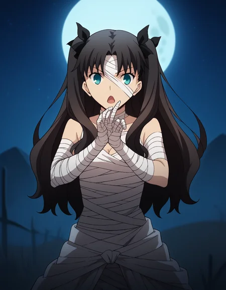 score_9, score_8_up, score_7_up, source_anime, rintohsaka, <lora:rin-tohsaka-ubw-ponyxl-lora-nochekaiser:1>, rin tohsaka, aqua eyes, black hair, hair ribbon, long hair, ribbon, sidelocks, two side up, parted bangs,, <lora:mummy-costume-ponyxl-lora-nochekaiser:1>, mummy costume, bandages, halloween costume, bandaged arm, zombie pose, bandage on face,, desert, moon, night, open mouth,, cowboy shot