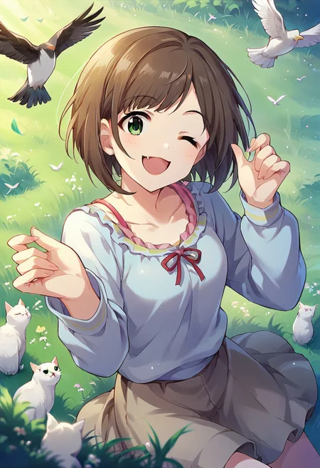 score_9, score_8_up, score_7_up, source_anime,maekawa miku, brown hair, green eyes, short hair, 1girl, one eye closed, fang, solo, smile, grass, outdoors, bird, open mouth, cat