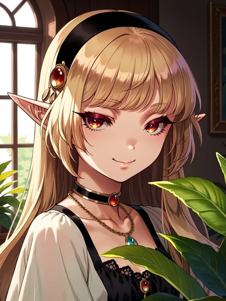 (solo focus, cowboy shot:1.2) <lora:happy_tentacle-fritillaria-v0.2-000030:1>, ht_fritillaria, hairband, choker, jewelry, necklace, pointy ears, (petite:1.2), <lora:Shed_The_Skin's StS_age_slider_v1_initial_release:-1.15> ( :1.1) ( , , ( :1.2) , seductive smile , :1.2) , indoors, ((dusk :0.6), (cloudy sky:0.6) :0.8), ( window :0.9), (furniture:0.9), , , , , ( :0.8), greenhouse, plant, (vegetation:1.2) ( :0.8) score_9, score_8_up, score_7_up, score_6_up, score_5_up, score_4_up, ( [(realistic, photorealistic:1.3):(realistic:1.3):18] [(3d:1.2)::14] :1) <lora:LUUNA's Lunas-NijiJourney-SDXL-B2:0.35>, nijijourney <lora:prgfrg23's Counterfeit-V3.0 Style SDXL_LoRA_Pony Diffusion V6 XL:0.5> <lora:mfcg's mfcgXL:0.12> <lora:reweik's gyokai(himehajime)_PonyXL_style_v01:0.14>