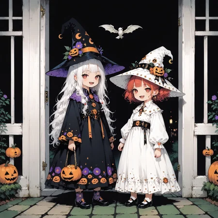 score_9, score_8_up, score_7_up, source_anime, (((2girls))), standing next to each other, girla and girlb, (ultra HD quality details), anime, slightly chibi, BREAK, girla, on the left, witch costume, witch hat, smug expression, BREAK, girlb, on the right, vampire costume, fangs, BREAK, (detailed image, high resolution, 5k resolution:1.0), trick or treat, veranda, at the door, holding bags, halloween aesthetics, evening, d4rkpurp, handfixer