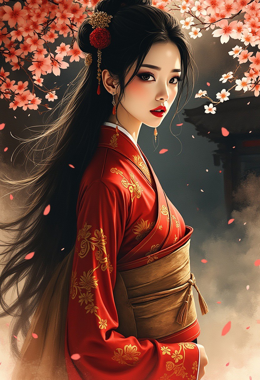 Expressive Watercolor Ink Wash, Inkplash art on rice paper, sepia, henna , Silhouette Art, magnificent, broad expressive brushstrokes, stunning japanese woman, long flowing hair, sidelocks, dark eyeshadow, red lips, wearing a red and gold cheongsam, direct gaze, silhouetted at night, in front of shinto shrine, falling sakura petals, bokeh, chiascuro, dark abstract background