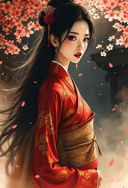 Expressive Watercolor Ink Wash, Inkplash art on rice paper, sepia, henna , Silhouette Art, magnificent, broad expressive brushstrokes, stunning japanese woman, long flowing hair, sidelocks, dark eyeshadow, red lips, wearing a red and gold cheongsam, direct gaze, silhouetted at night, in front of shinto shrine, falling sakura petals, bokeh, chiascuro, dark abstract background