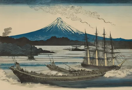 woodcut, tokio bay 1865, big black steam powered battleship, gustave dore style, gustave dore clouds, hokusai waves, hokusai mount fuji in the background
