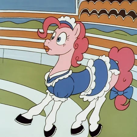 pinkie pie, solo:1.5, earth pony, feral, female, markarstyle:1.5, markarhorse:0.1, markarangela:0.2, maid dress, outdoors