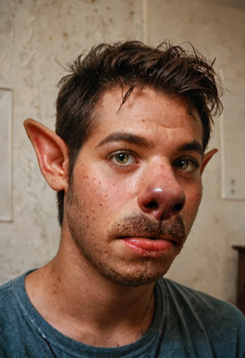 Score_9, score_8_up, score_7_up, transformation, draysonite, dog transformation, demi, face focus, nose, big nose, snout, snout focus, anthro dog, dog face, pointed ears, (((no human ears)))