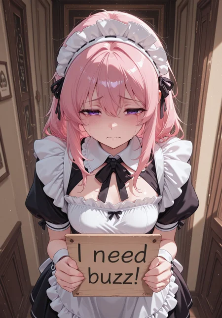 masterpiece, best quality, amazing quality, solo, aged up, CivChan, purple eyes,pink hair, maid outfit, small breasts, sad,begging,need_buzz, holding sign