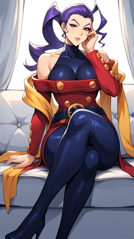 score_9, score_8_up, score_7_up, score_6_up, source_anime, BREAK masterpiece, <lora:RoseStreetFighter:1>, RoseSF, purple hair, purple eyes,ahoge,  single hair intake, turtleneck, hair slicked back,  bare shoulders, yellow shawl, red jacket, belt, purple leggings,  seductive smile, breasts, looking at viewer, couch, crossed legs, sitting, hand on own face, close-up, white curtains,